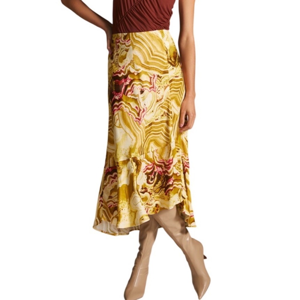 Anthropologie Yellow Marble Print Midi Skirt with Pink Accents